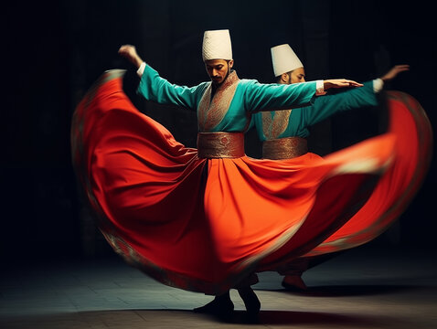 Two whirling dervishes performing in traditional outfits