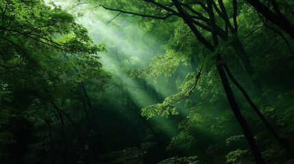 Obraz premium Sunlight filtering through lush green canopy of a dense forest, creating a mystical atmosphere with beams of light.