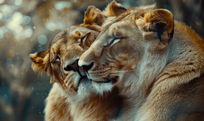Obraz premium Pair of lions bonding with a gentle nuzzle, 4K hyperrealistic photo