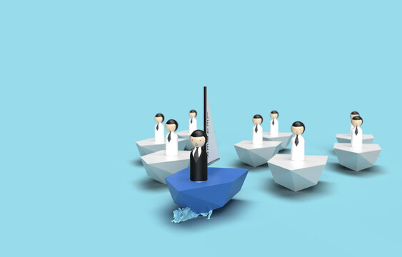 Leadership Concept with Leader in Blue Sailboat Leading Team