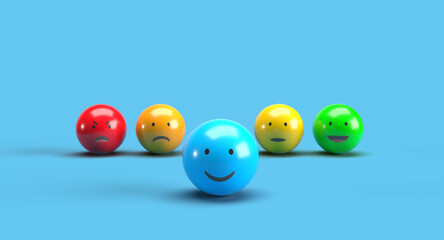 Emotion Faces on Blue Background with Happiness Highlighted