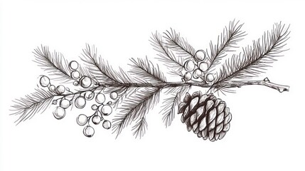 Hand-drawn illustration of a pine branch with pine cone and berries, isolated on white background.