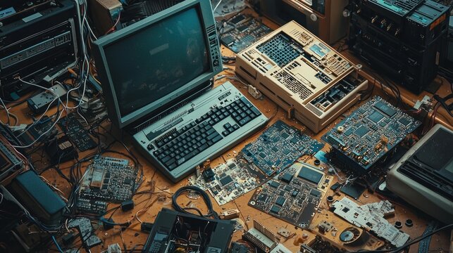 A collection of outdated computer components and peripherals on a table.