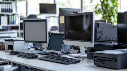 Naklejka premium Various office computer devices, including monitors, keyboards, and printers.