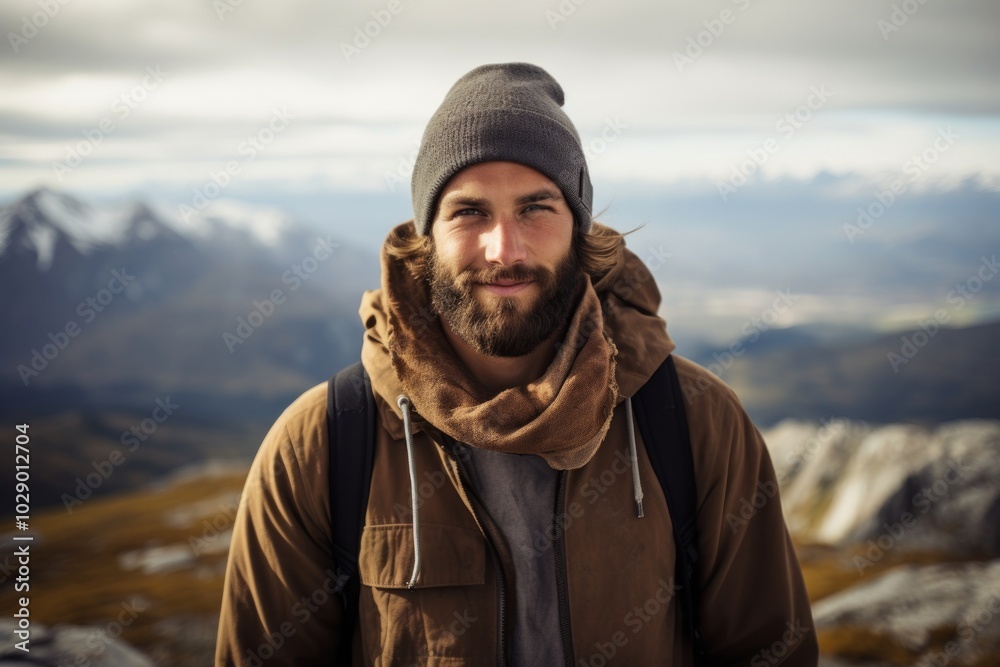 Wall mural Portrait of a glad man in his 30s wearing a versatile buff while standing against panoramic mountain vista