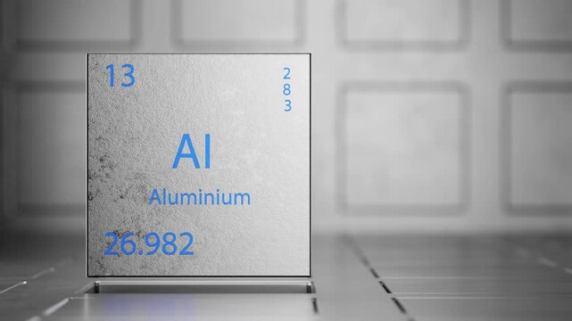 Rotation of a metal cube with the inscription of the chemical element aluminum. Element aluminum Titanium as an element of the periodic table. Movement of a metal cube with the inscription aluminum.