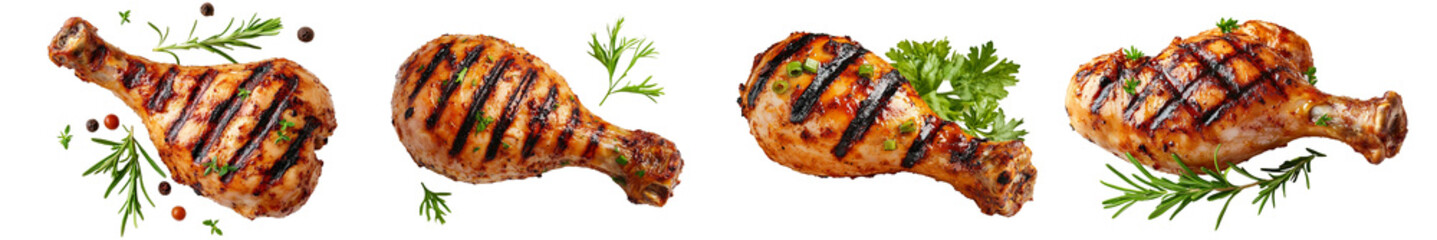 Grilled chicken drumstick garnished with herbs and spices, isolated on a white background, offering a delicious protein-rich meal for a barbecue or dinner.