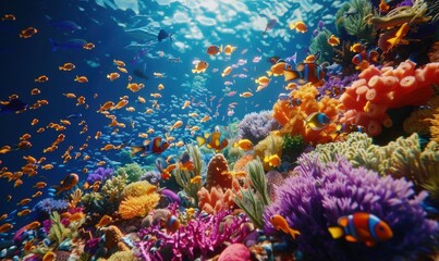 Naklejka premium Diverse marine life thriving on a vibrant coral reef, 4K hyperrealistic photo