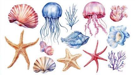 Watercolor illustration of seashells, starfish, jellyfish, and coral.