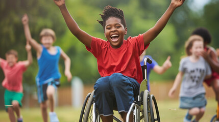 A mixed-race student in a wheelchair being cheered on by classmates during a field day race, with space for text in the background.