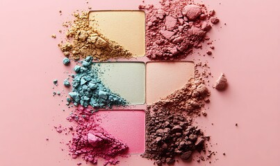 Crushed eyeshadow shades on pink background.