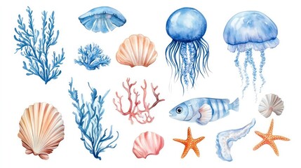 Watercolor illustration of various sea life elements, including jellyfish, fish, coral, seashells, and starfish, isolated on a white background.