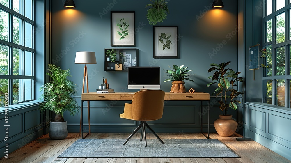 Sticker Contemporary Office Design: Clean and elegant workspace with modern furniture and accessories, ideal for corporate presentations, business websites, and professional themes. High resolution