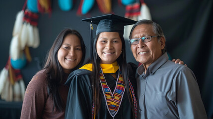 Obraz premium A Native American student in a cap and gown posing with their parents, standing in front of a graduation backdrop.