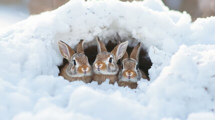 Cozy Winter Haven: Adorable Family of Rabbits Huddled in Snowy Burrow with Cinematic Light