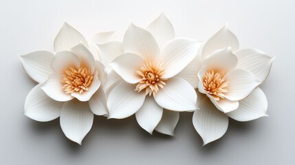 Close-up of three white flowers with delicate petals and soft orange centers on a light background.