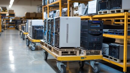 Moving carts loaded with computer hardware ready for transport.