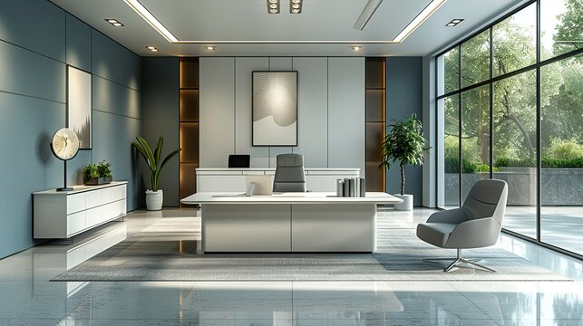 Modern Office Environment: A sleek and minimalistic office space with contemporary furniture and a clean design, ideal for business presentations and professional themes. High resolution