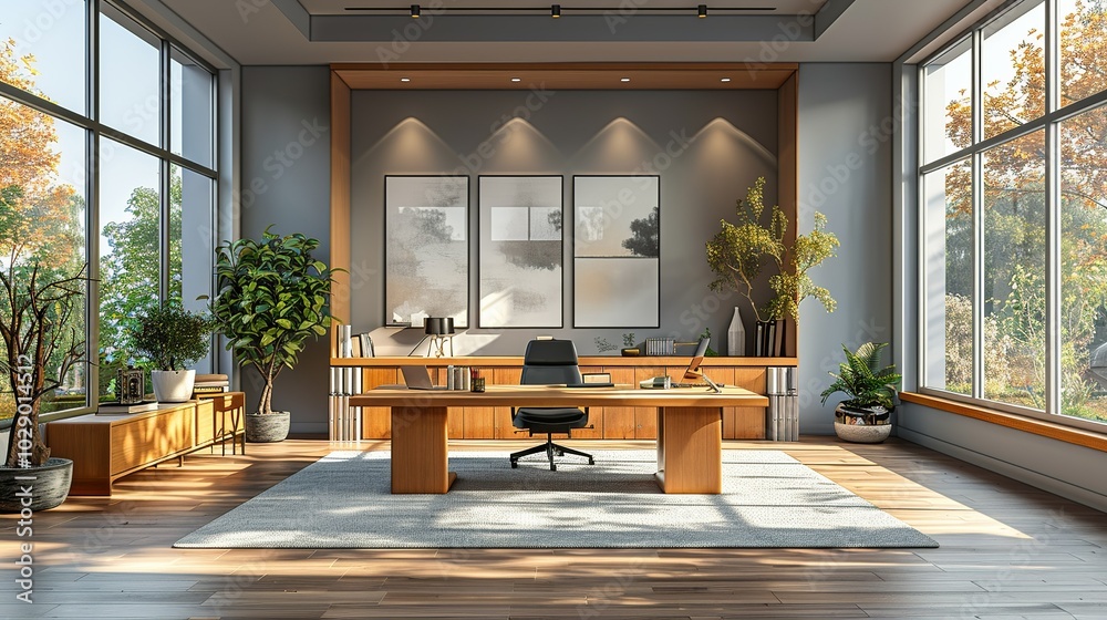 Poster Sleek Office Space: A clean and elegant office with modern furniture and a minimalist design, ideal for business illustrations and professional presentations. High resolution Illustration, in the