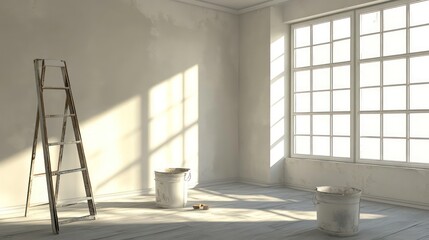 Fototapeta premium Empty room with ladder, paint buckets, and sunlight streaming in through a large window.