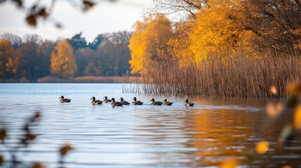 A flock of ducks swims in a calm lake with golden trees in the background.