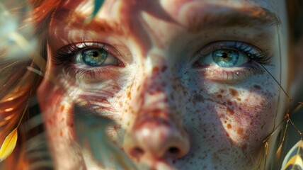 Vibrant beauty and glittering freckles highlighting blue eyes in artistic portrait