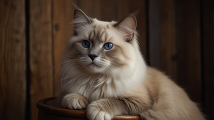 A beautiful, fluffy white and light brown cat with blue eyes sits on a wooden barrel and stares intently at the camera.