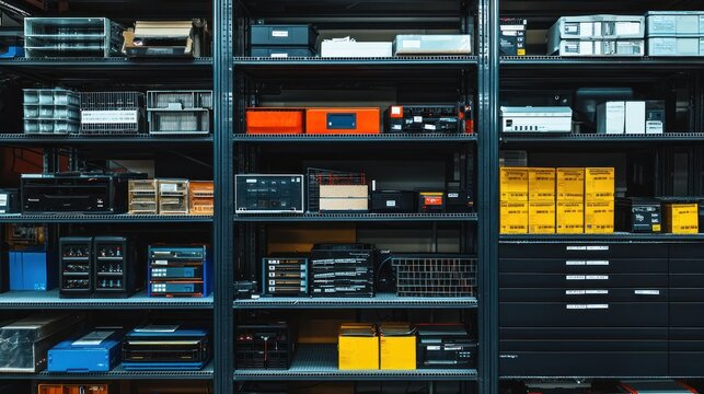 An organized inventory system with labeled computer components.