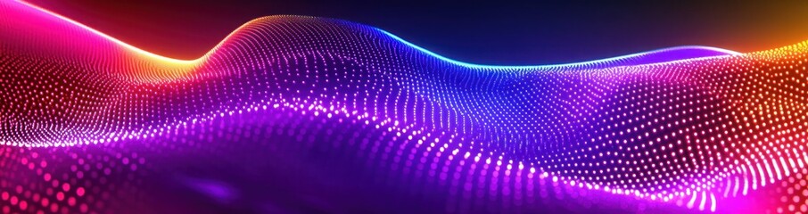 Abstract colorful glowing wave of particles on dark background.