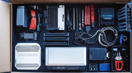 A new computer equipment box opened with accessories laid out.