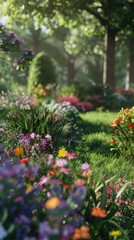Fototapeta premium Lush green garden with a variety of blooming flowers, 4K hyperrealistic photo