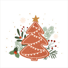 Gingerbread Christmas tree cookies vector Illustration isolated on a white background. Homemade cookies. Holiday Xmas cartoon dessert. Cute modern hand drawn gingerbread xmas tree in icing-sugar.