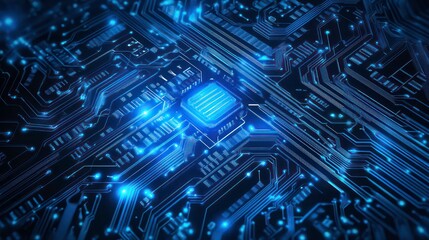 A close-up of a circuit board with glowing blue lines and a central processor.