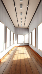 Obraz premium A series of blank posters on a corridor wall, wooden floor, and a concept of an art gallery exhibition. 3D Rendering isolated with white highlights, png