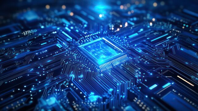 Close-up view of a glowing blue circuit board with a central processing unit.