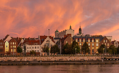 Panorama of the city of Szczecin in Poland during a spectacular sunrise