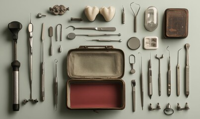 Dental tools, a tooth model, and a box.