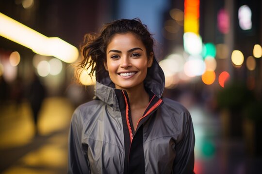 Portrait of a joyful indian woman in her 30s wearing a functional windbreaker while standing against background of bright city lights