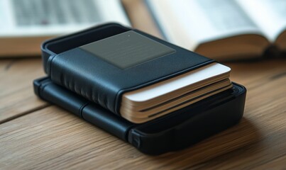 Leather-bound phone case on a book on wood.