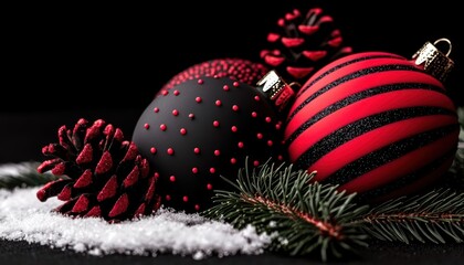 Ornaments and pinecones on snow with black background, festive atmosphere.
