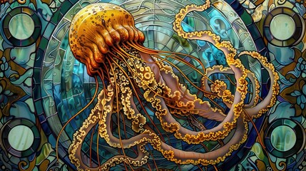 Fototapeta premium ** Vibrant Stained Glass Jellyfish Art with Intricate Details and Oceanic Theme..**