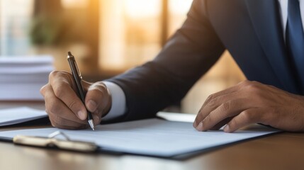 Confident businessman signing a contract, surrounded by financial documents, symbolizing price guarantees and business security.	
