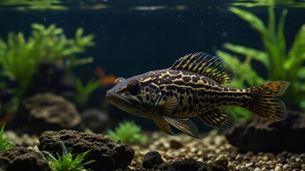 Fototapeta premium A black and yellow spotted fish swims through a freshwater aquarium with plants and rocks.