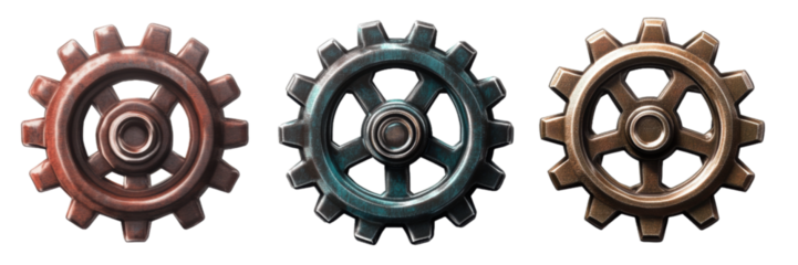Set of 3 Steampunk Gear Cogs   Metal  Rusted  Bronze  Blue  Industrial  Machinery