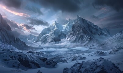 Magical snow-capped mountains at dawn, 4K hyperrealistic photo