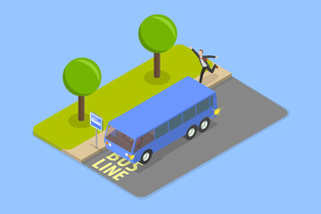 3D Isometric Flat Vector Illustration of Bus Stop, a Man Chases Citybus