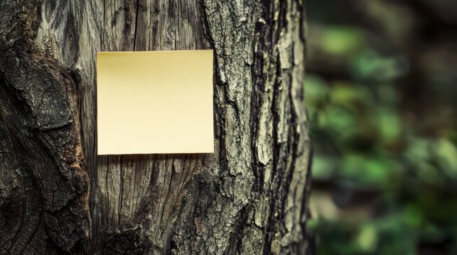 Sticky note, blank yellow post paper on wood, tree trank background, copy space