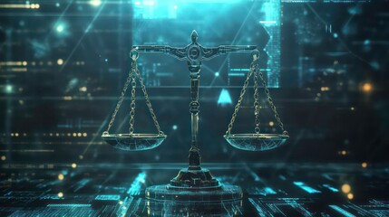 A metallic scale of justice stands on a futuristic digital platform.