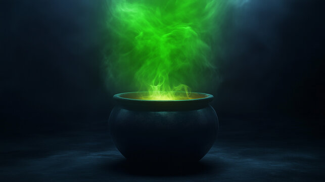 Witch cauldron with green potion, created with Generative AI technology