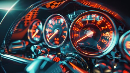 Close-up of a car's dashboard with illuminated gauges.